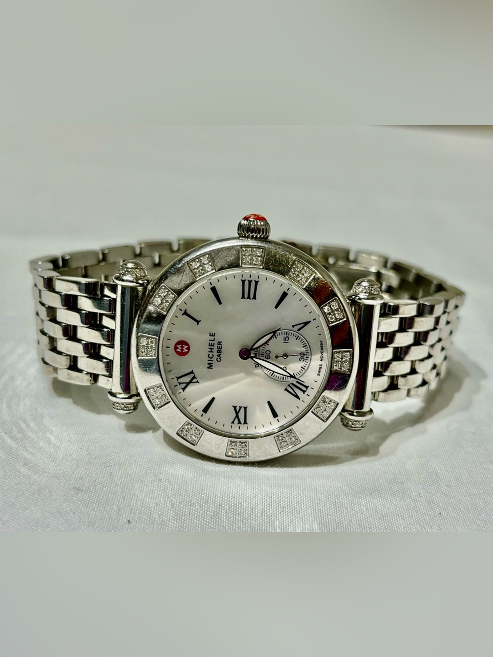 Michele Silver Diamond-Accent Stainless Steel Watch with Mother-of-Pearl Dial